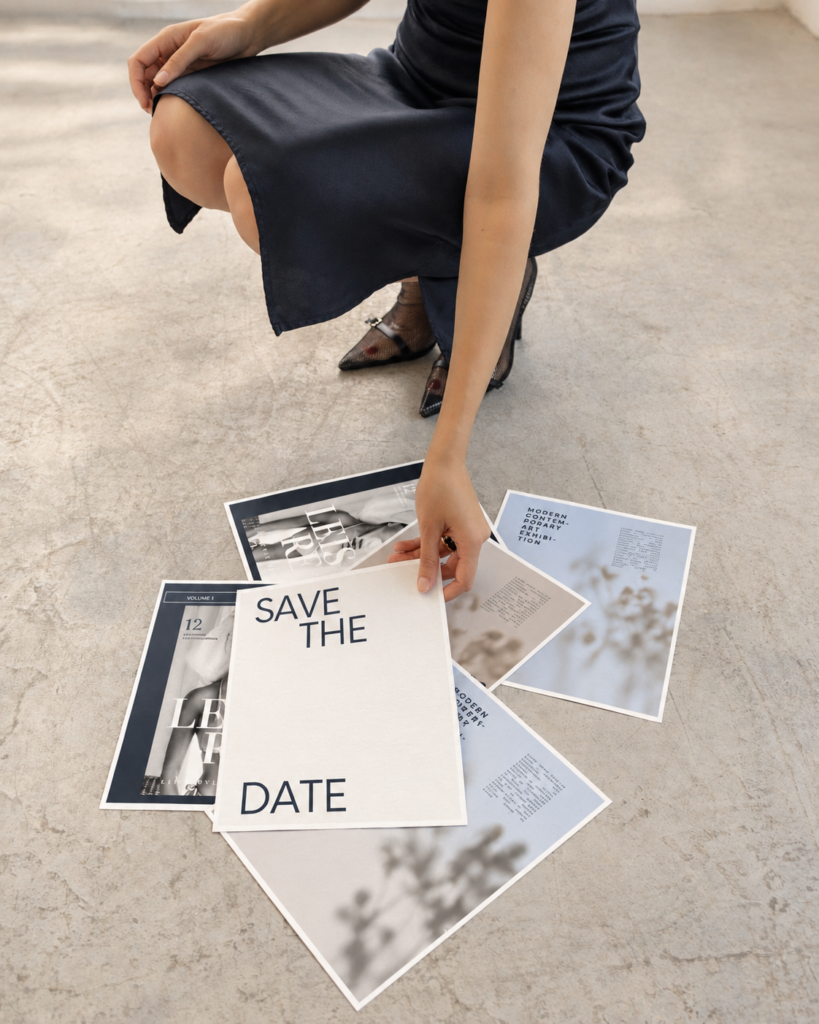 Woman in pointed high heels arranging printed launch announcements on a studio floor.