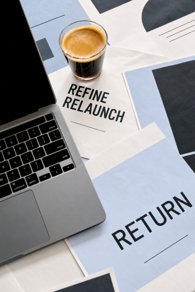 Laptop and espresso surrounded by powder-blue papers reading “Refine,” “Relaunch,” and “Return.”