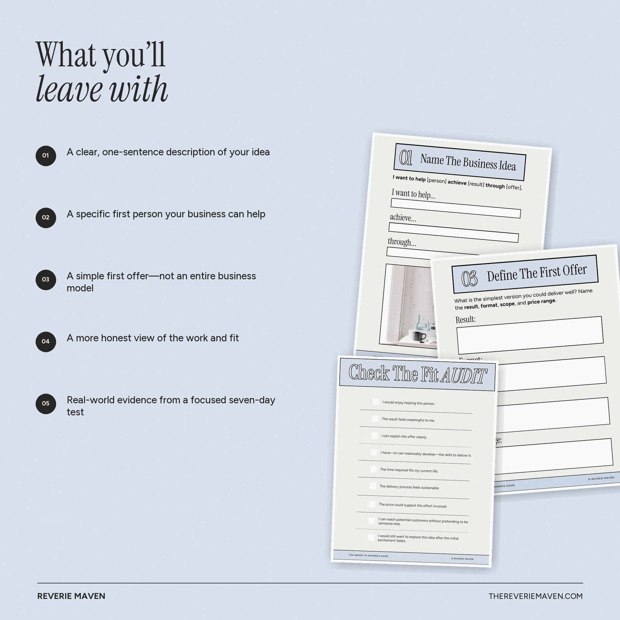 Outcomes and worksheet previews from The Dream-to-Business Guide