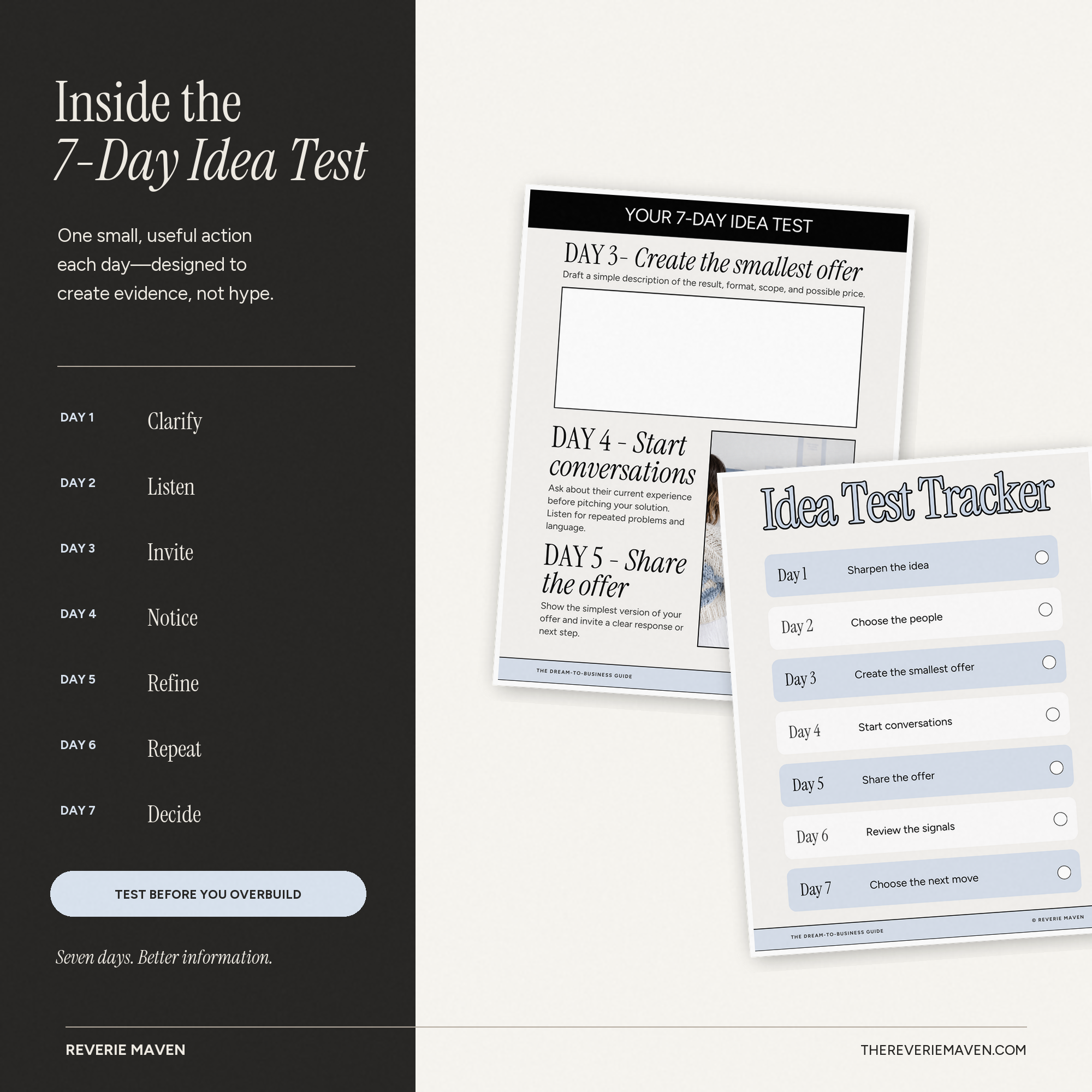 Seven-day business idea test and printable progress tracker inside the guide