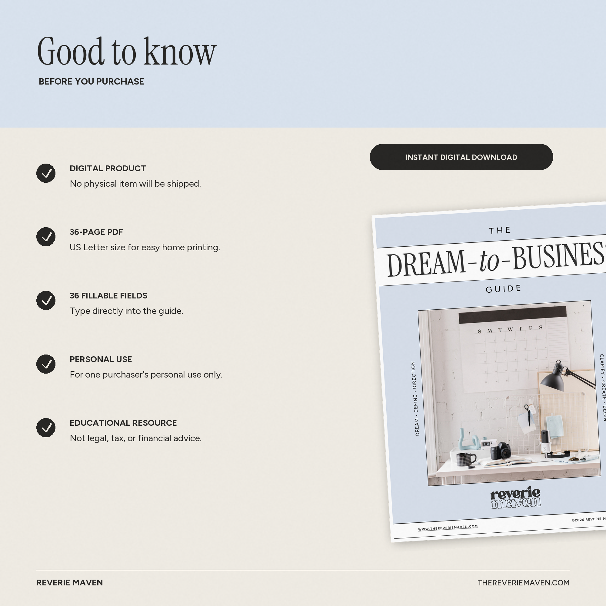The Dream-to-Business Guide 36-page fillable and printable workbook for future founders