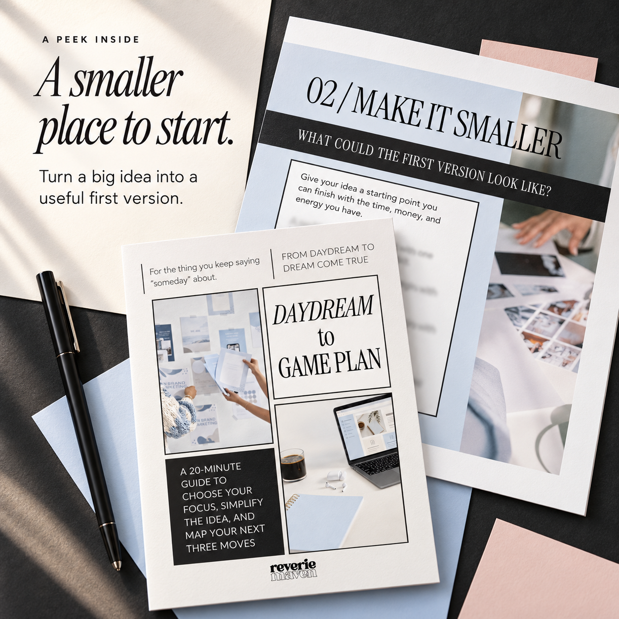 Daydream to Game Plan cover overlapping a cropped Make It Smaller page on blue, blush, and black stationery