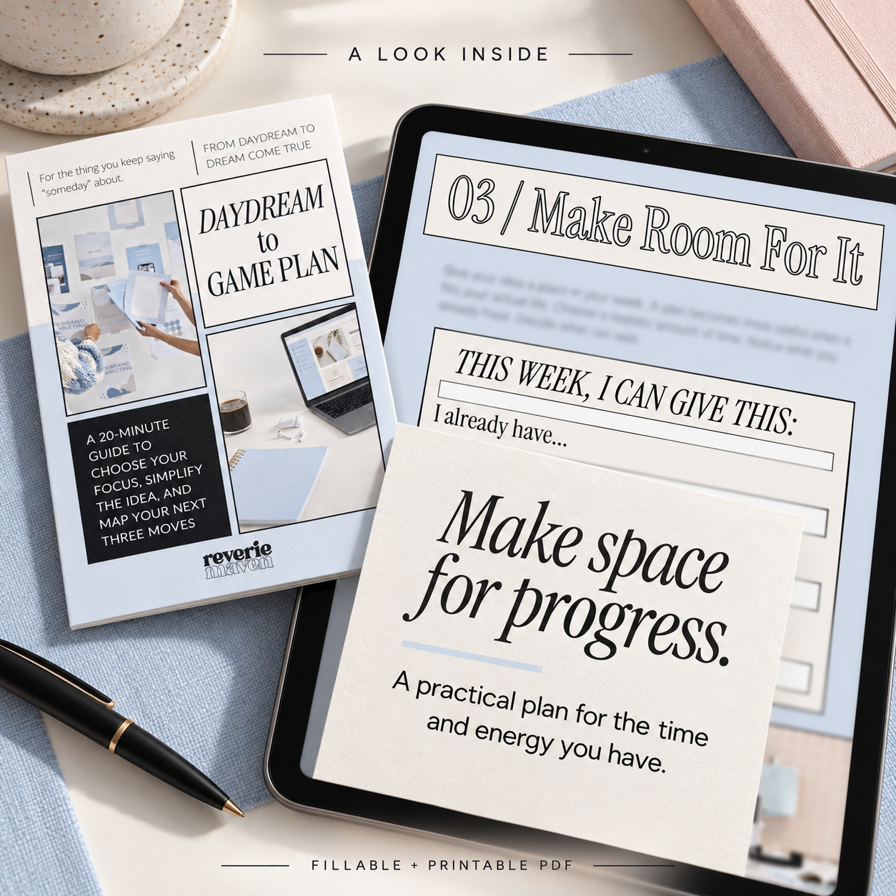 Tablet showing a partially covered Make Room For It worksheet beside the Daydream to Game Plan cover and blue stationery