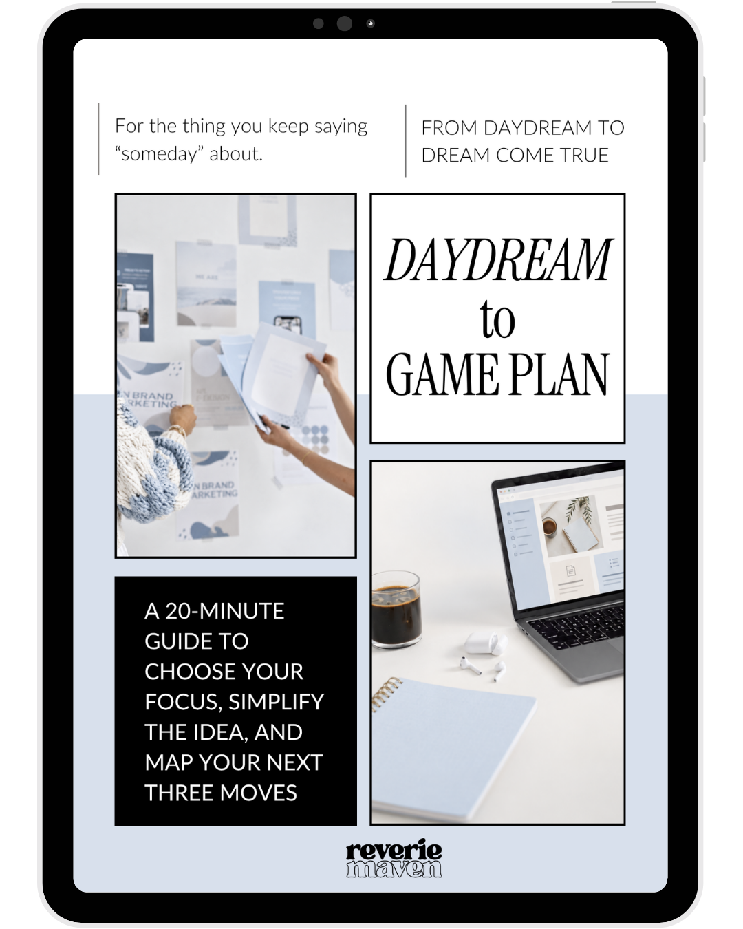Cover of Daydream to Game Plan, a free fillable planning guide by Reverie Maven
